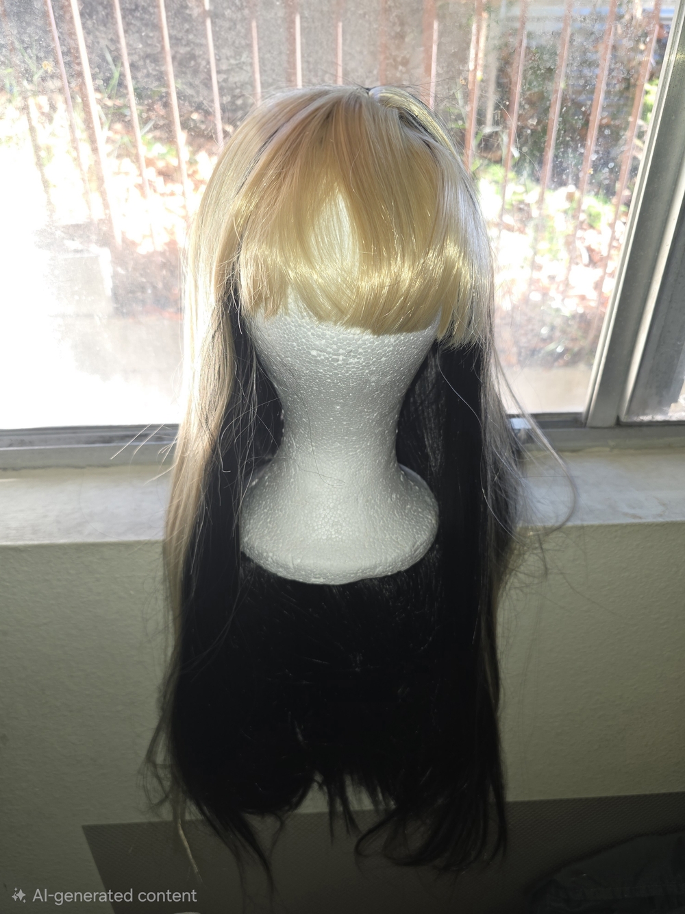 Two-Tone Black and Blonde Women's Long Wig with Bangs